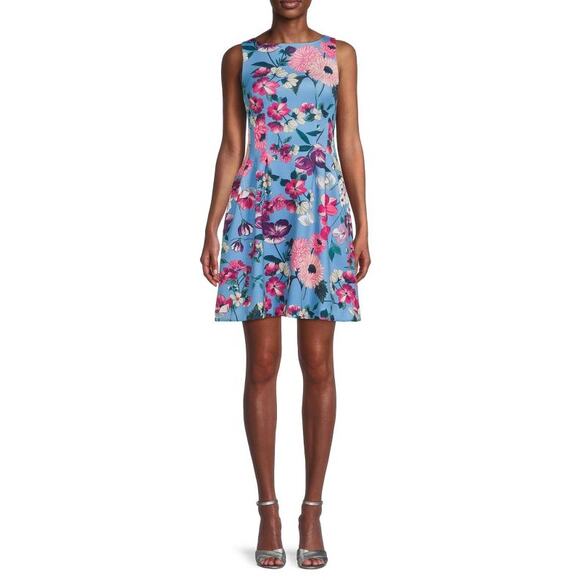 Vince Camuto Floral Blue Pink Fit and Flare Scuba Dress Midi Spring Size 10 - Picture 1 of 8
